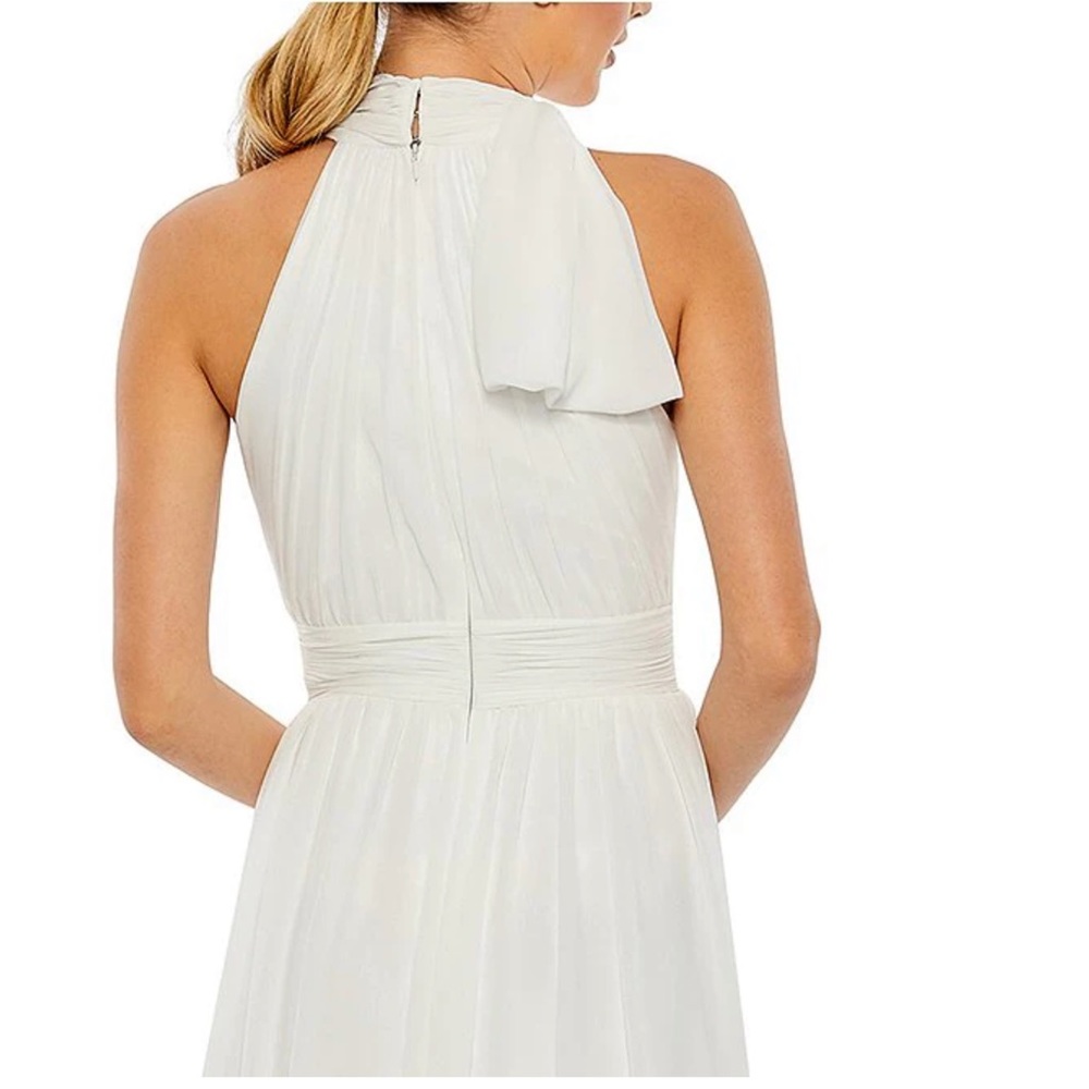 NWT Ieena for MacDuggal White High Neck Halter Gathered Bow Chiffon Maxi Gown - Picture 4 of 12